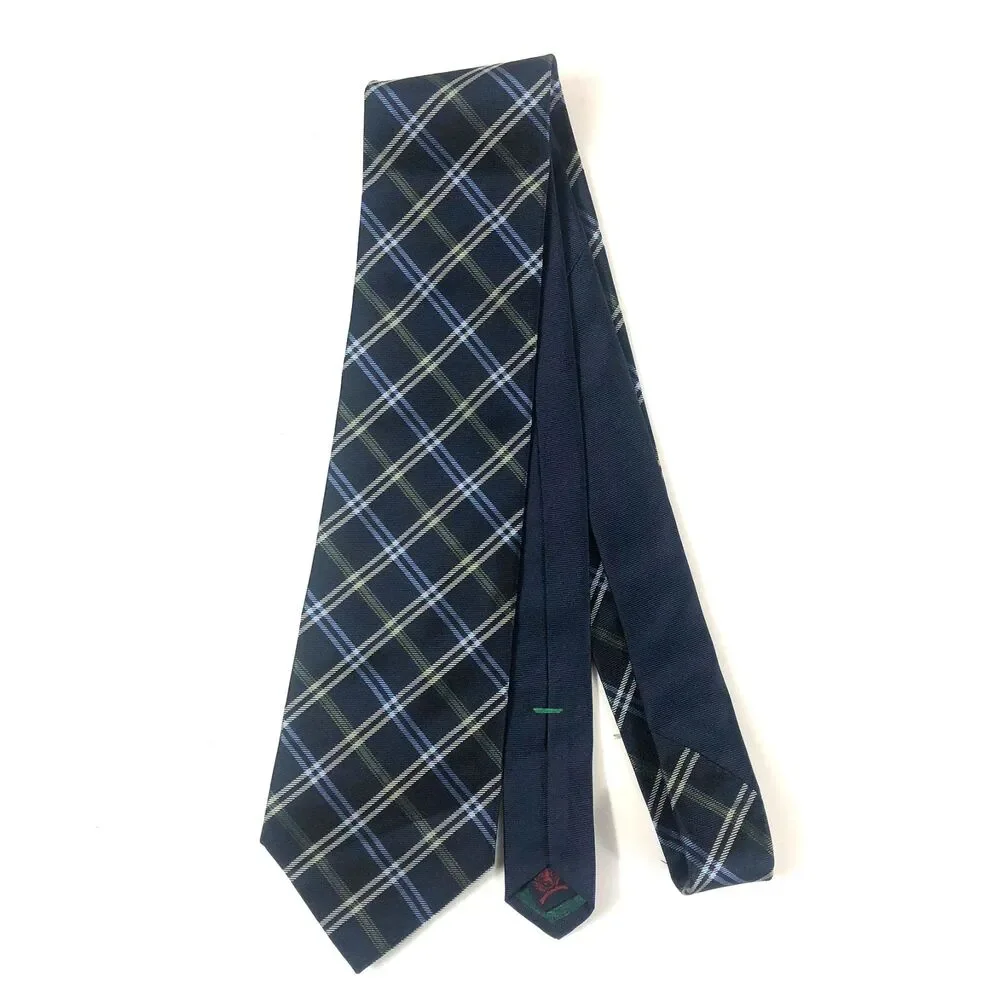 VTG Tommy Hilfiger 100% Silk Tie Navy Blue Plaid/Tartan Grid Made in USA Necktie